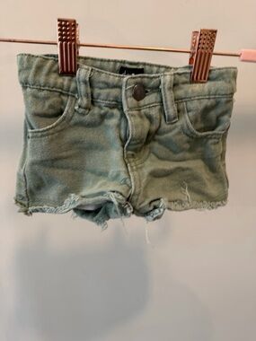 deux par deux Olive Green Distressed Denim Shorts